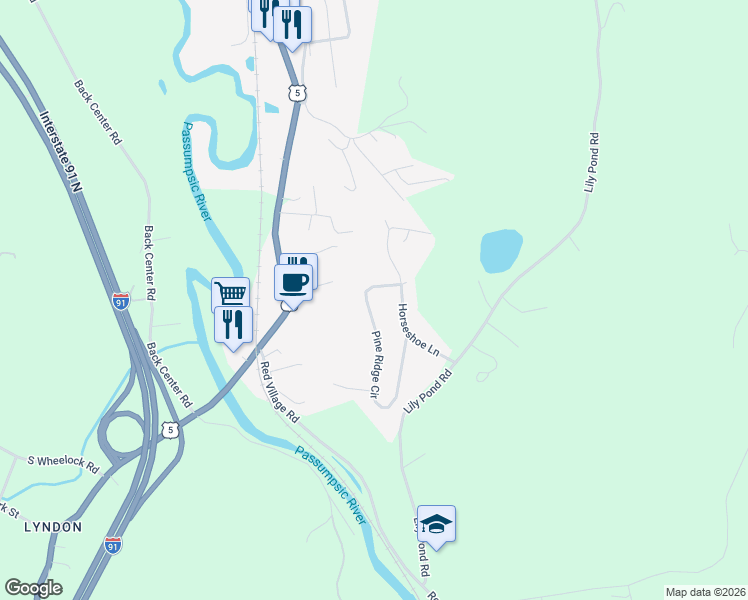 map of restaurants, bars, coffee shops, grocery stores, and more near 487 Pine Ridge Circle in Lyndon