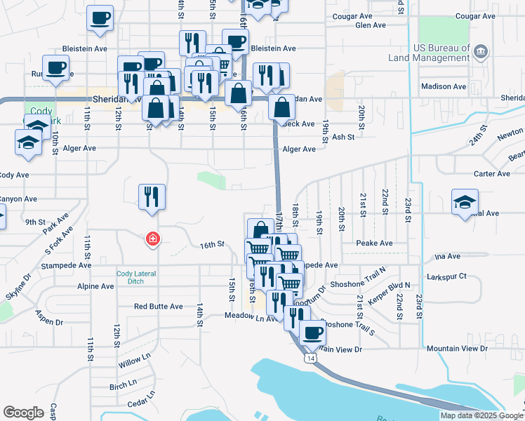 map of restaurants, bars, coffee shops, grocery stores, and more near 1418 East Park Drive in Cody