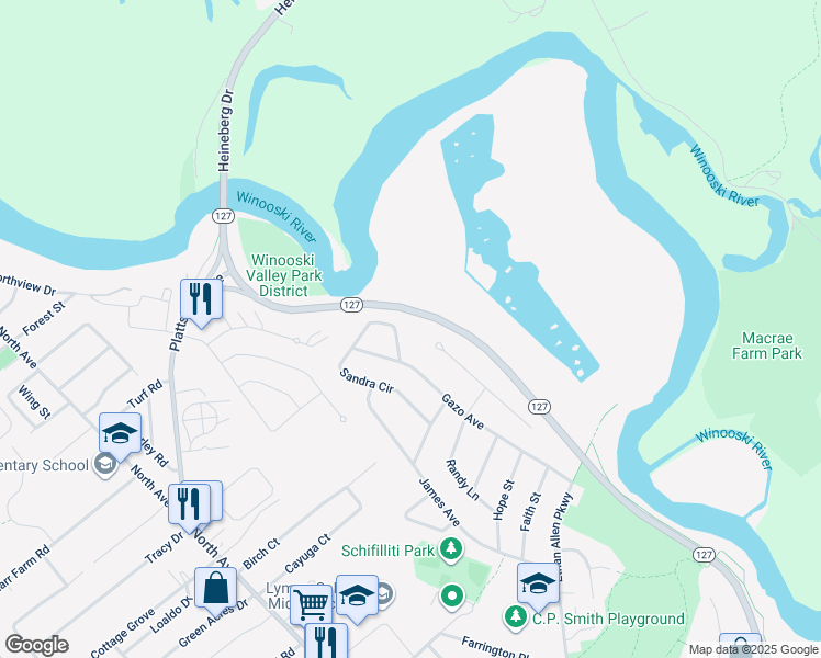 map of restaurants, bars, coffee shops, grocery stores, and more near 36 Sandra Circle in Burlington