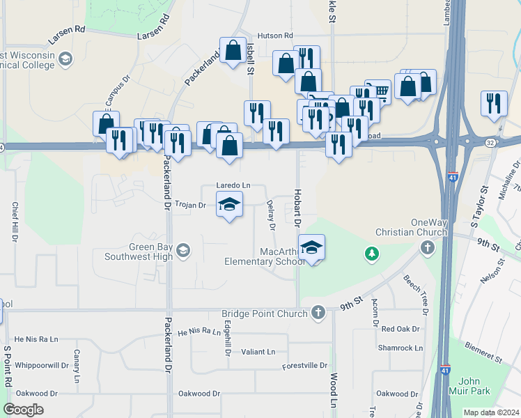 map of restaurants, bars, coffee shops, grocery stores, and more near 2488 Trojan Drive in Green Bay