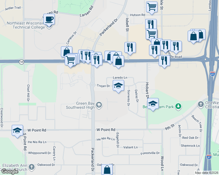 map of restaurants, bars, coffee shops, grocery stores, and more near 2544 Trojan Drive in Green Bay