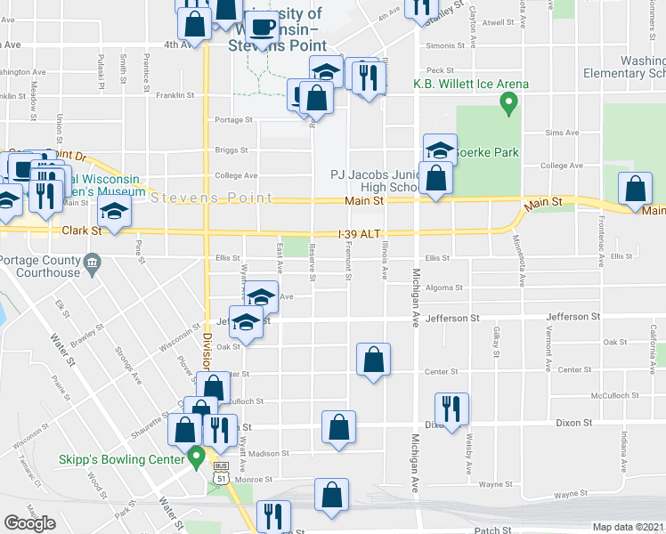 map of restaurants, bars, coffee shops, grocery stores, and more near 2127 Ellis Street in Stevens Point