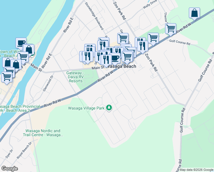 map of restaurants, bars, coffee shops, grocery stores, and more near 9 Northgate Road in Wasaga Beach