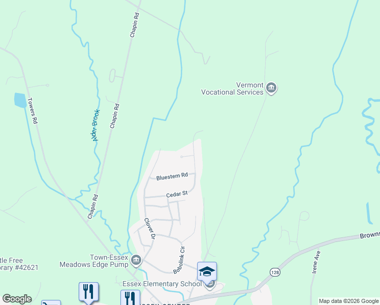 map of restaurants, bars, coffee shops, grocery stores, and more near 1 Cedar Court in Essex