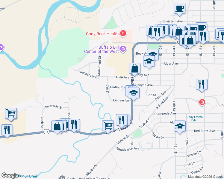 map of restaurants, bars, coffee shops, grocery stores, and more near 708 Platinum Avenue in Cody