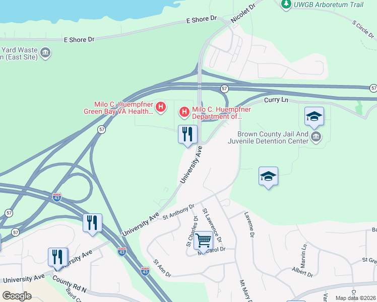 map of restaurants, bars, coffee shops, grocery stores, and more near 2830 Curry Lane in Green Bay
