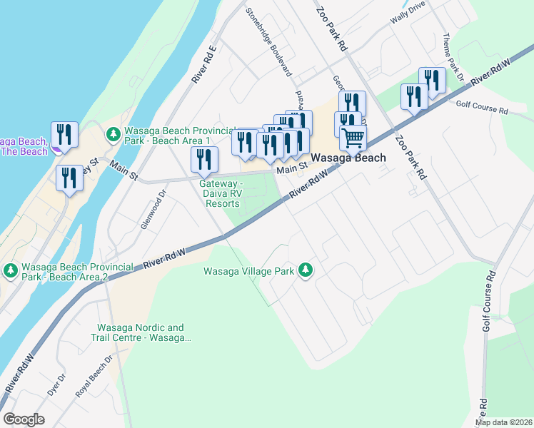 map of restaurants, bars, coffee shops, grocery stores, and more near 16 Westbury Road in Wasaga Beach