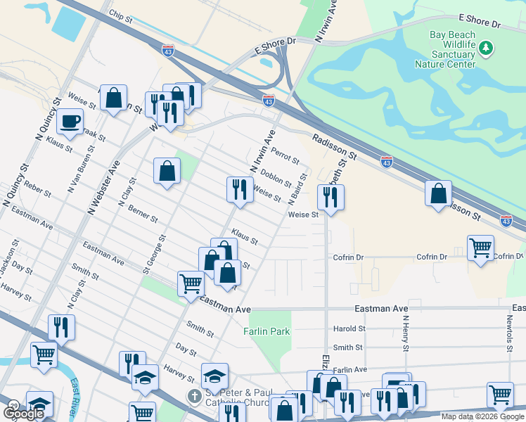 map of restaurants, bars, coffee shops, grocery stores, and more near 1327 Vanderbraak Street in Green Bay