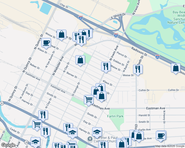 map of restaurants, bars, coffee shops, grocery stores, and more near 1245 Klaus Street in Green Bay