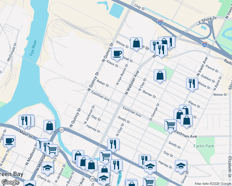 map of restaurants, bars, coffee shops, grocery stores, and more near 1127 North Van Buren Street in Green Bay