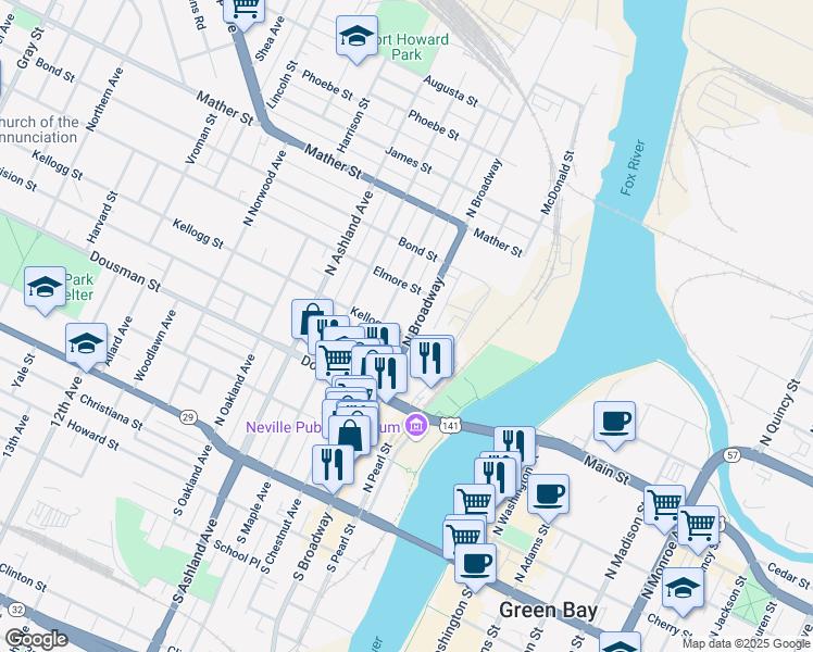 map of restaurants, bars, coffee shops, grocery stores, and more near 419 U.S. 141 in Green Bay