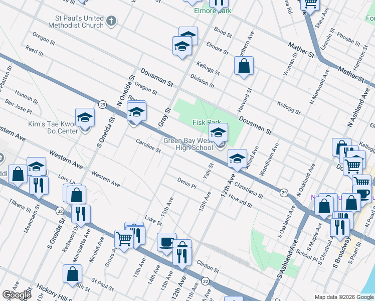 map of restaurants, bars, coffee shops, grocery stores, and more near 1025 Shawano Avenue in Green Bay