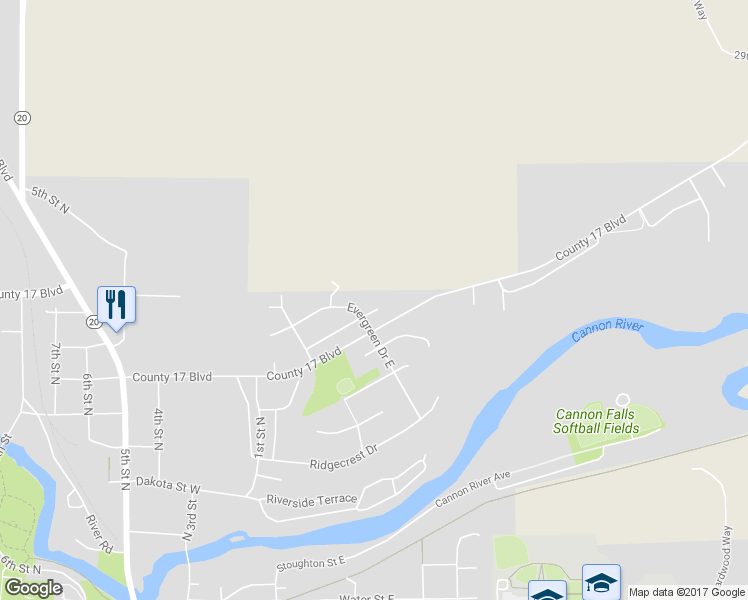 map of restaurants, bars, coffee shops, grocery stores, and more near 117 Village Avenue in Cannon Falls