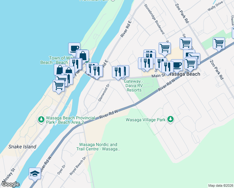 map of restaurants, bars, coffee shops, grocery stores, and more near 40 Nancy Street in Wasaga Beach
