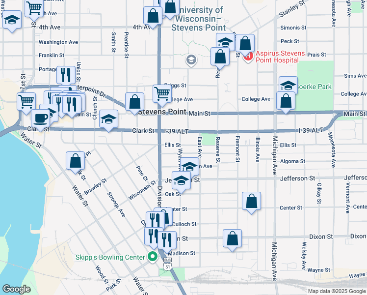 map of restaurants, bars, coffee shops, grocery stores, and more near 1801 Ellis Street in Stevens Point