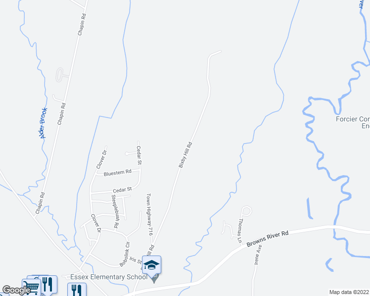 map of restaurants, bars, coffee shops, grocery stores, and more near 72 Bixby Hill Road in Essex