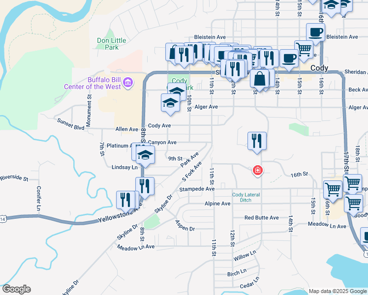 map of restaurants, bars, coffee shops, grocery stores, and more near 1000 Canyon Avenue in Cody