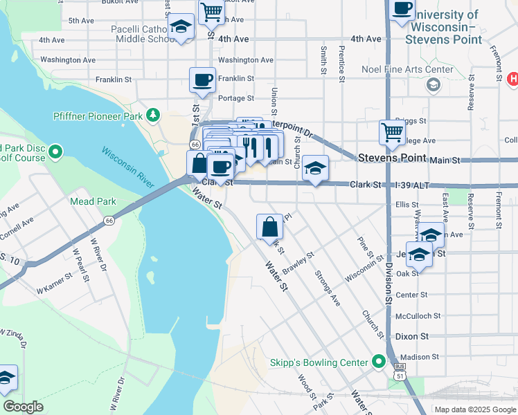 map of restaurants, bars, coffee shops, grocery stores, and more near 1101 Ellis Street in Stevens Point