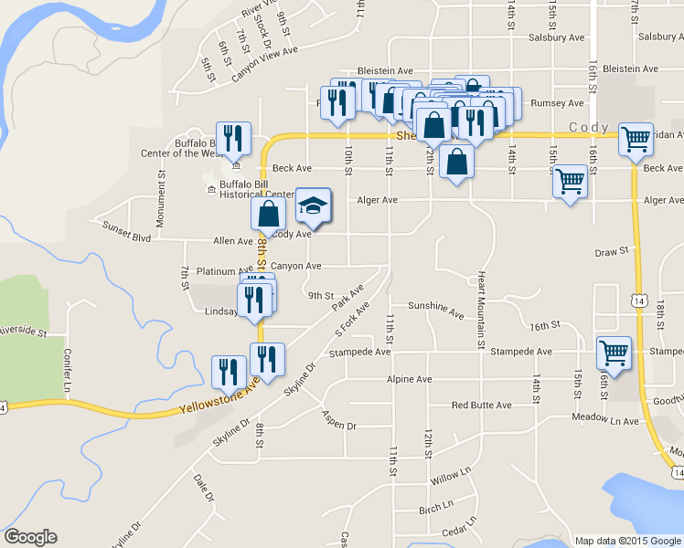 map of restaurants, bars, coffee shops, grocery stores, and more near 1000 Canyon Avenue in Cody