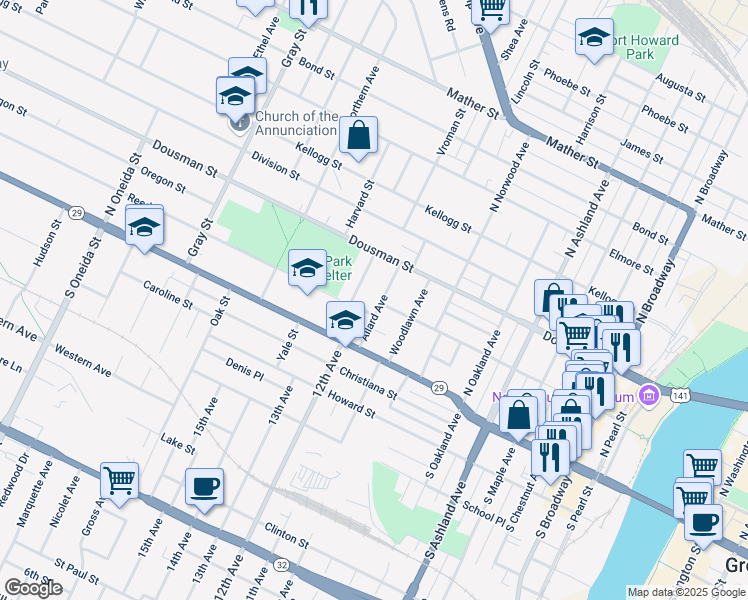 map of restaurants, bars, coffee shops, grocery stores, and more near 209 Allard Ave in Green Bay