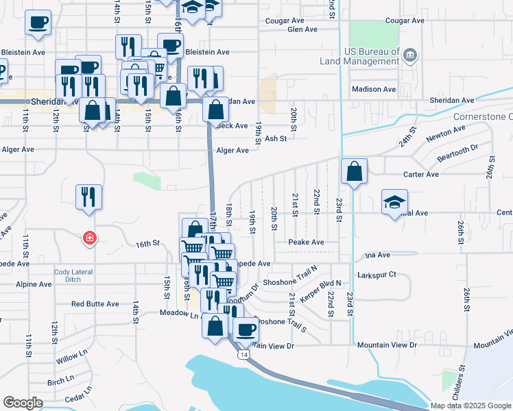map of restaurants, bars, coffee shops, grocery stores, and more near 1532 19th Street in Cody