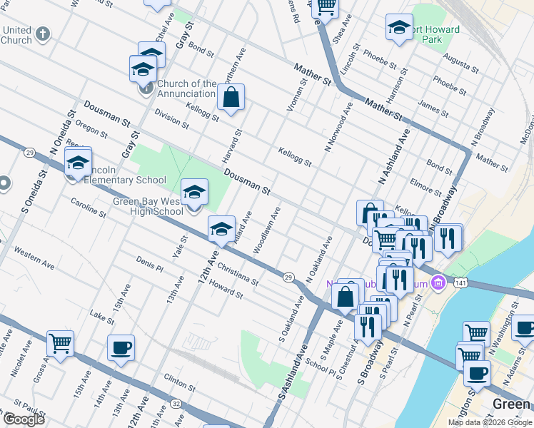 map of restaurants, bars, coffee shops, grocery stores, and more near 219 Woodlawn Avenue in Green Bay