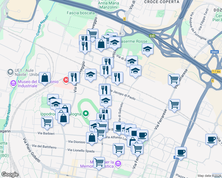 map of restaurants, bars, coffee shops, grocery stores, and more near 6 Via Jacopo di Paolo in Bologna
