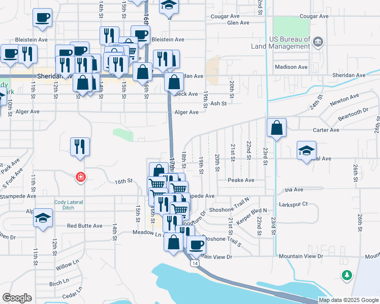 map of restaurants, bars, coffee shops, grocery stores, and more near 1514 18th Street in Cody