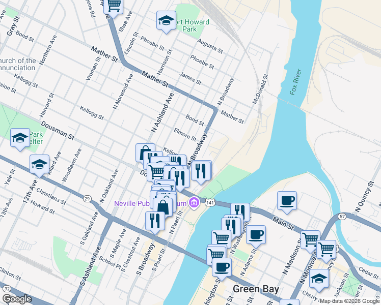 map of restaurants, bars, coffee shops, grocery stores, and more near 419 U.S. 141 in Green Bay