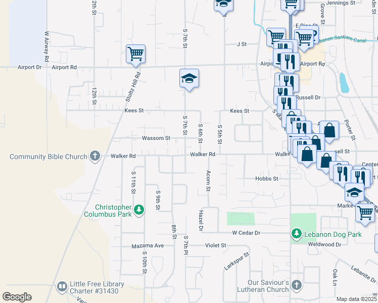 map of restaurants, bars, coffee shops, grocery stores, and more near 673 Walker Road in Lebanon