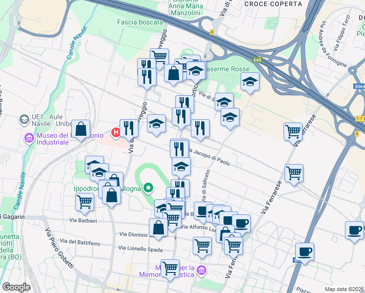 map of restaurants, bars, coffee shops, grocery stores, and more near 6 Via Jacopo di Paolo in Bologna