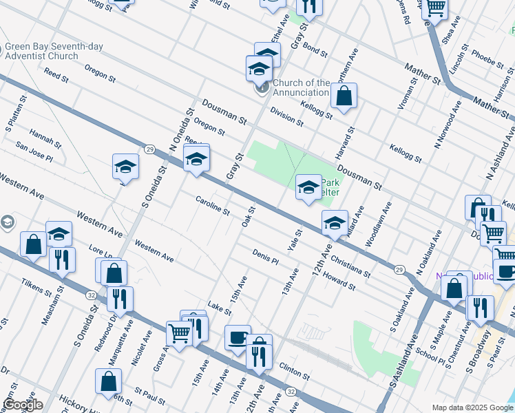 map of restaurants, bars, coffee shops, grocery stores, and more near 1025 Shawano Avenue in Green Bay