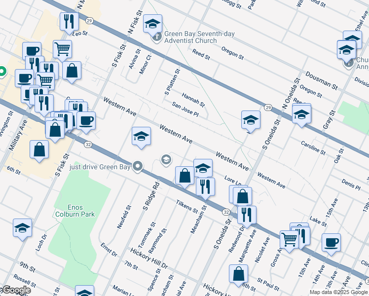 map of restaurants, bars, coffee shops, grocery stores, and more near 412 Maryhill Drive in Green Bay