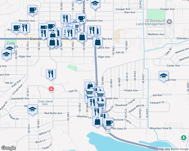map of restaurants, bars, coffee shops, grocery stores, and more near 1418 East Park Drive in Cody