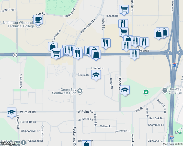map of restaurants, bars, coffee shops, grocery stores, and more near 2544 Trojan Drive in Green Bay