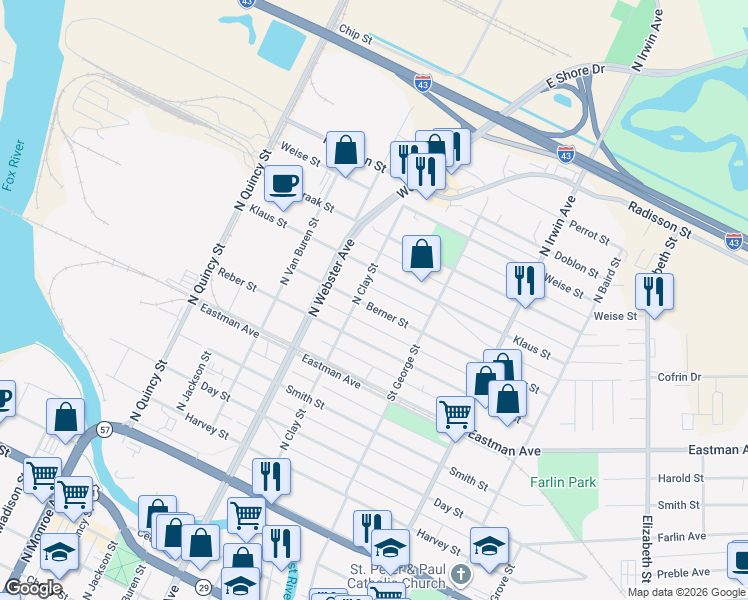 map of restaurants, bars, coffee shops, grocery stores, and more near 1115 Berner Street in Green Bay