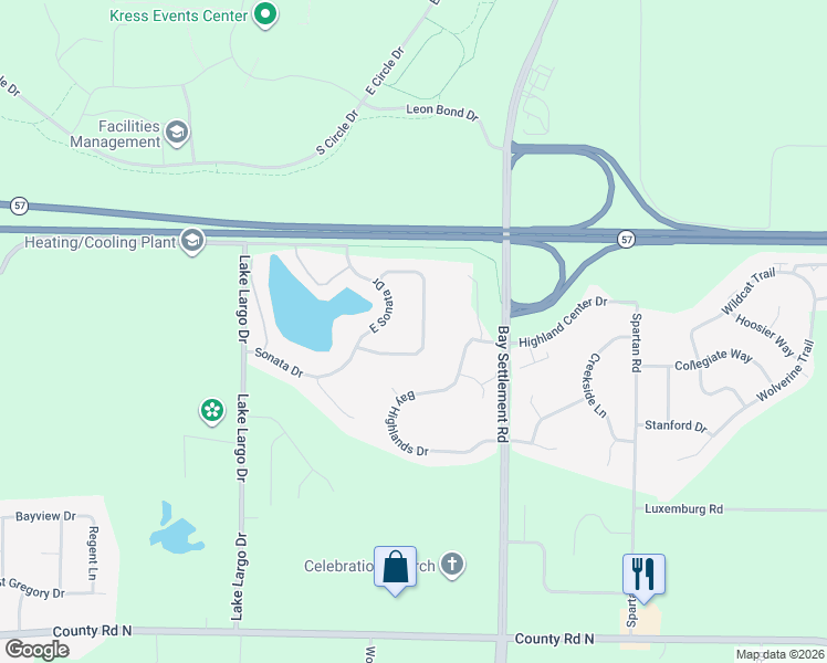 map of restaurants, bars, coffee shops, grocery stores, and more near 1615 Symphony Heights in Green Bay