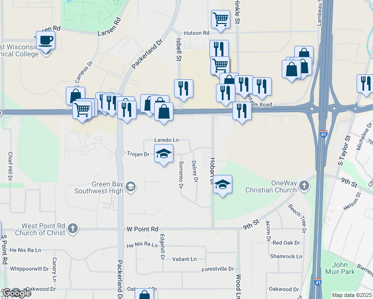 map of restaurants, bars, coffee shops, grocery stores, and more near 2488 Trojan Drive in Green Bay