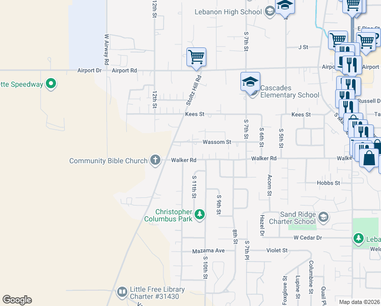 map of restaurants, bars, coffee shops, grocery stores, and more near 1089 Walker Road in Lebanon