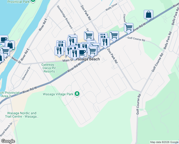 map of restaurants, bars, coffee shops, grocery stores, and more near 26 Berkely Street in Wasaga Beach