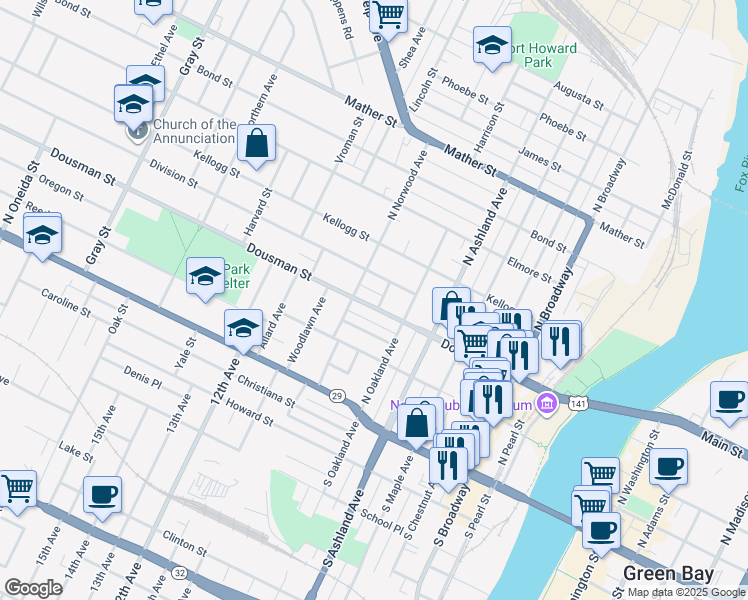 map of restaurants, bars, coffee shops, grocery stores, and more near 303 North Greenwood Avenue in Green Bay