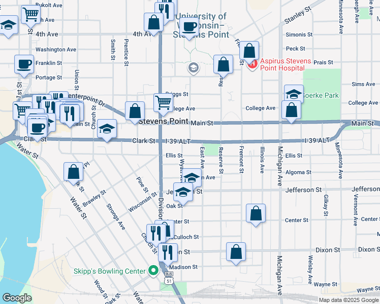 map of restaurants, bars, coffee shops, grocery stores, and more near 1801 Ellis Street in Stevens Point