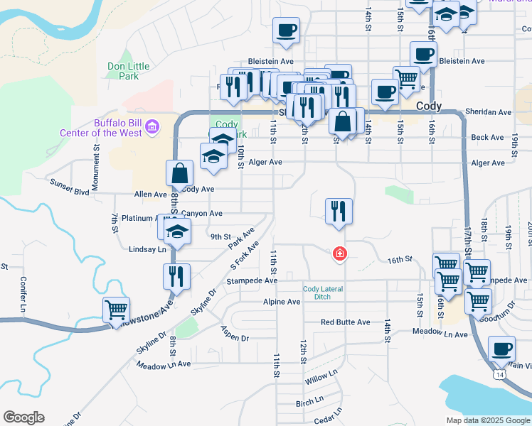 map of restaurants, bars, coffee shops, grocery stores, and more near 1098 Park Avenue in Cody