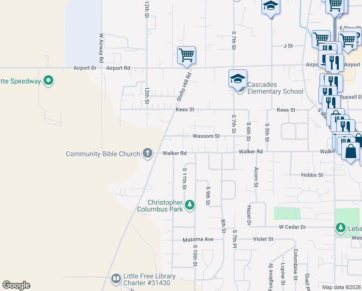 map of restaurants, bars, coffee shops, grocery stores, and more near 1089 Walker Road in Lebanon