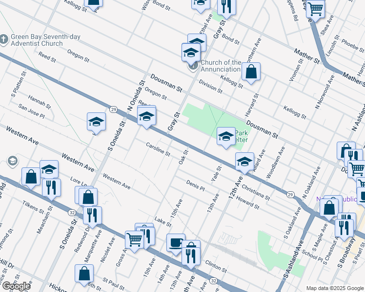 map of restaurants, bars, coffee shops, grocery stores, and more near 1037 Shawano Avenue in Green Bay
