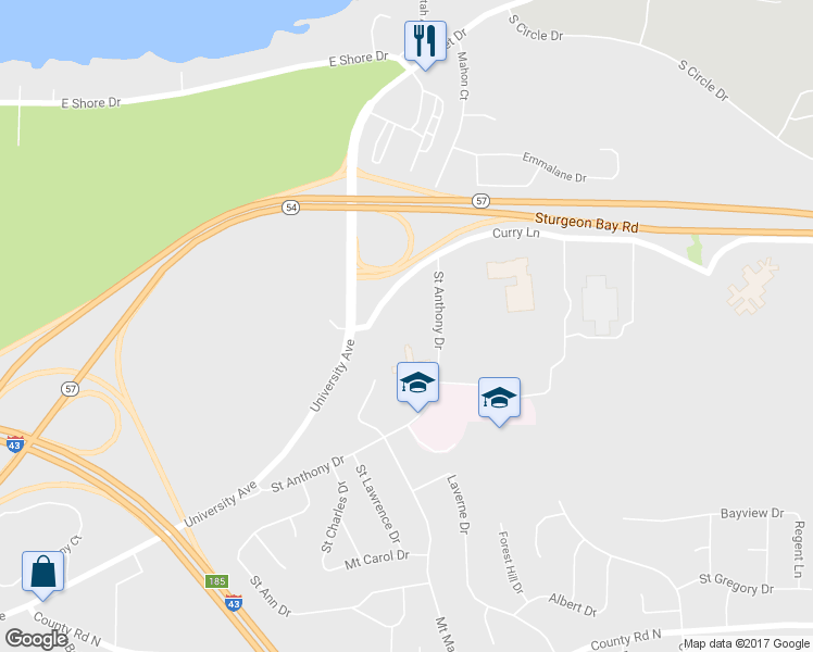 map of restaurants, bars, coffee shops, grocery stores, and more near 2850 Mount Mary Circle in Green Bay