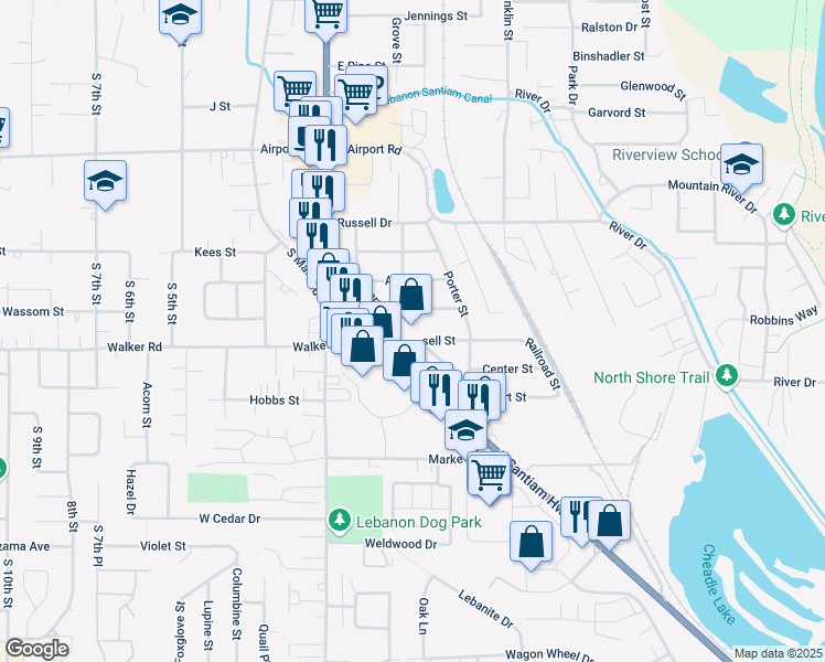 map of restaurants, bars, coffee shops, grocery stores, and more near 2665 South Santiam Highway in Lebanon