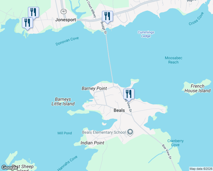 map of restaurants, bars, coffee shops, grocery stores, and more near 7 Wharf Road in Beals