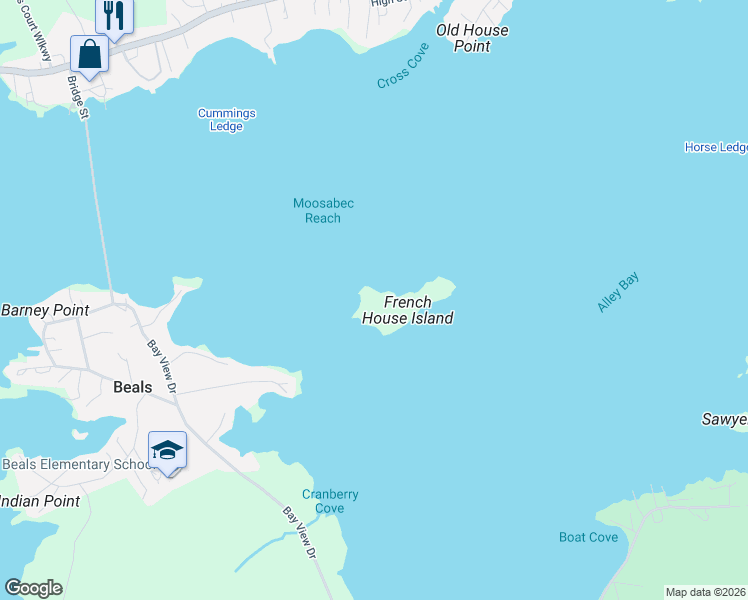 map of restaurants, bars, coffee shops, grocery stores, and more near in Beals