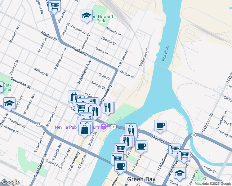 map of restaurants, bars, coffee shops, grocery stores, and more near 418 North Broadway in Green Bay